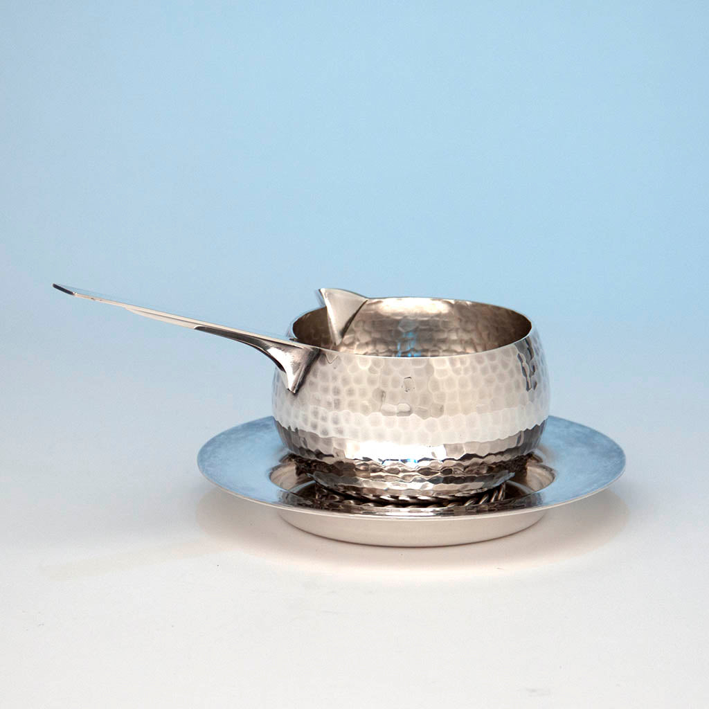 Jean Després Mid-Century Modern Silver Plate Sauce Boat with Stand, Avallon, France, c. 1950's