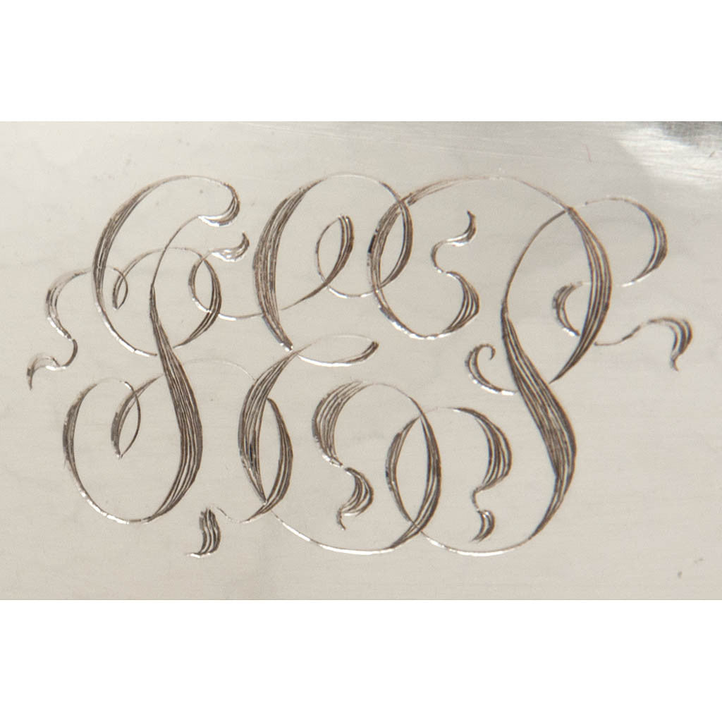 Monogram on The Kalo Shops Arts &amp; Crafts Sterling Silver Oval Covered Serving Dish, Chicago, IL, 1912-16