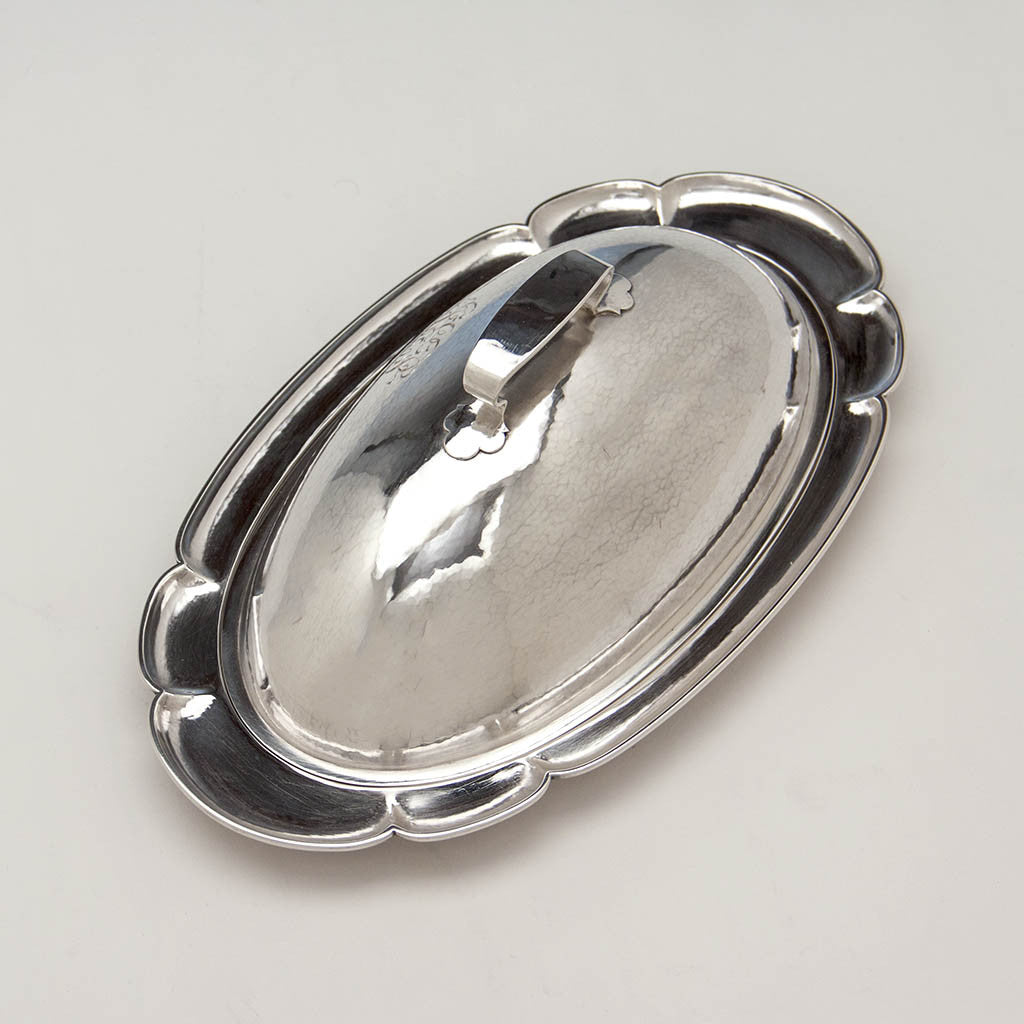 Top view of The Kalo Shops Arts &amp; Crafts Sterling Silver Oval Covered Serving Dish, Chicago, IL, 1912-16