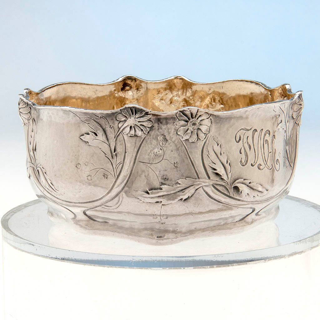 Bowl detail of the Gorham Martelé Antique Silver Child&#39;s Bowl and Plate, Providence, RI, 1907