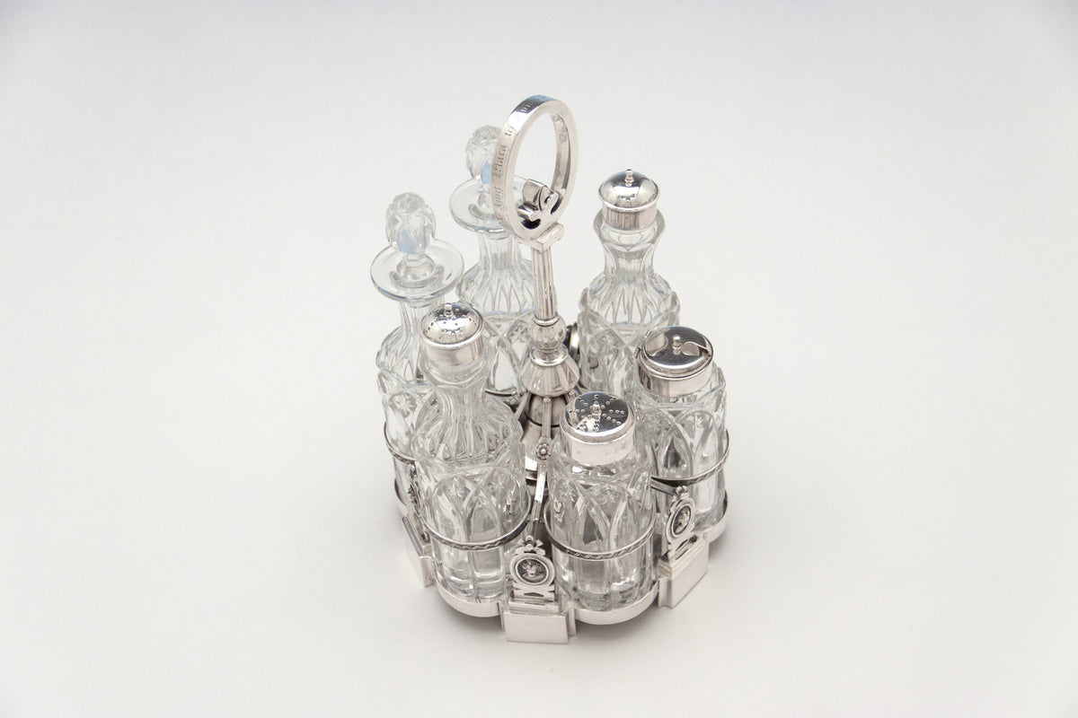 Top view of Peter Krider Antique Coin Silver Medallion Cruet Set, Philadelphia, PA, c. 1865