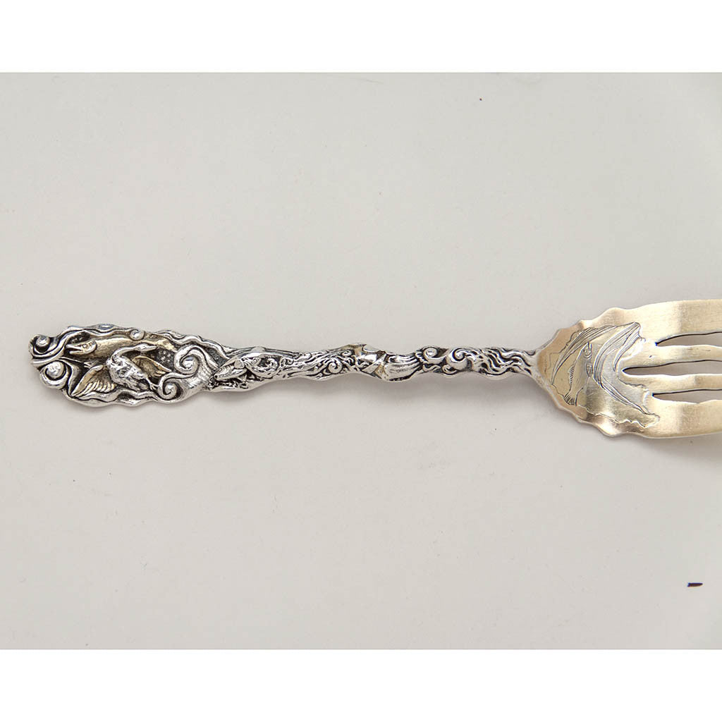 Front detail of Gorham &#39;Hizen&#39; Pattern Antique Sterling Silver Salad/ Dessert Forks, Providence, RI c. 1880&#39;s