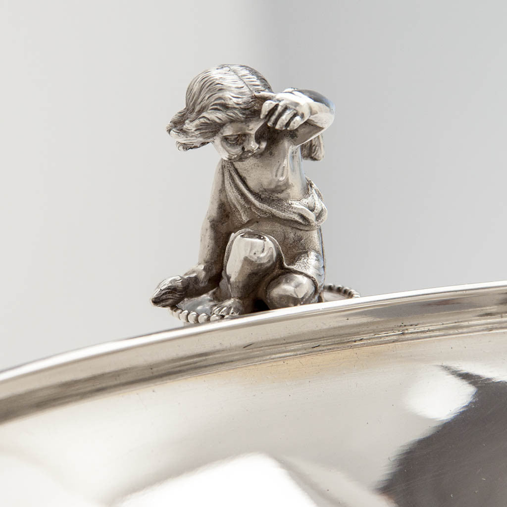 Cherub handle on Gorham (attr.) Antique Sterling Silver Figural Centerpiece/ Fruit Stand retailed by Ball, Black &amp; Company , Providence, RI, c. 1870