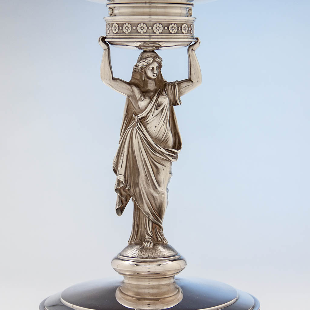 Figure of Gorham (attr.) Antique Sterling Silver Figural Centerpiece/ Fruit Stand retailed by Ball, Black &amp; Company , Providence, RI, c. 1870