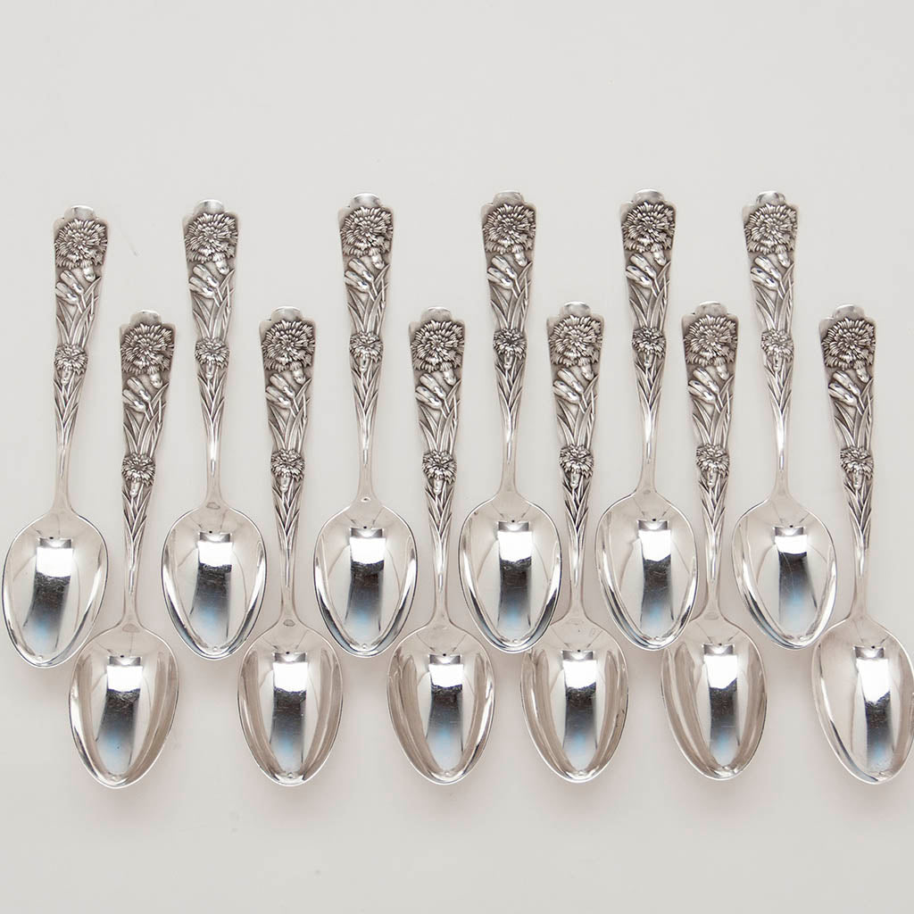 Shiebler &#39;Flora&#39; Pattern Antique Sterling Silver Dessert Spoons, New York City, c. 1890&#39;s, set of 12