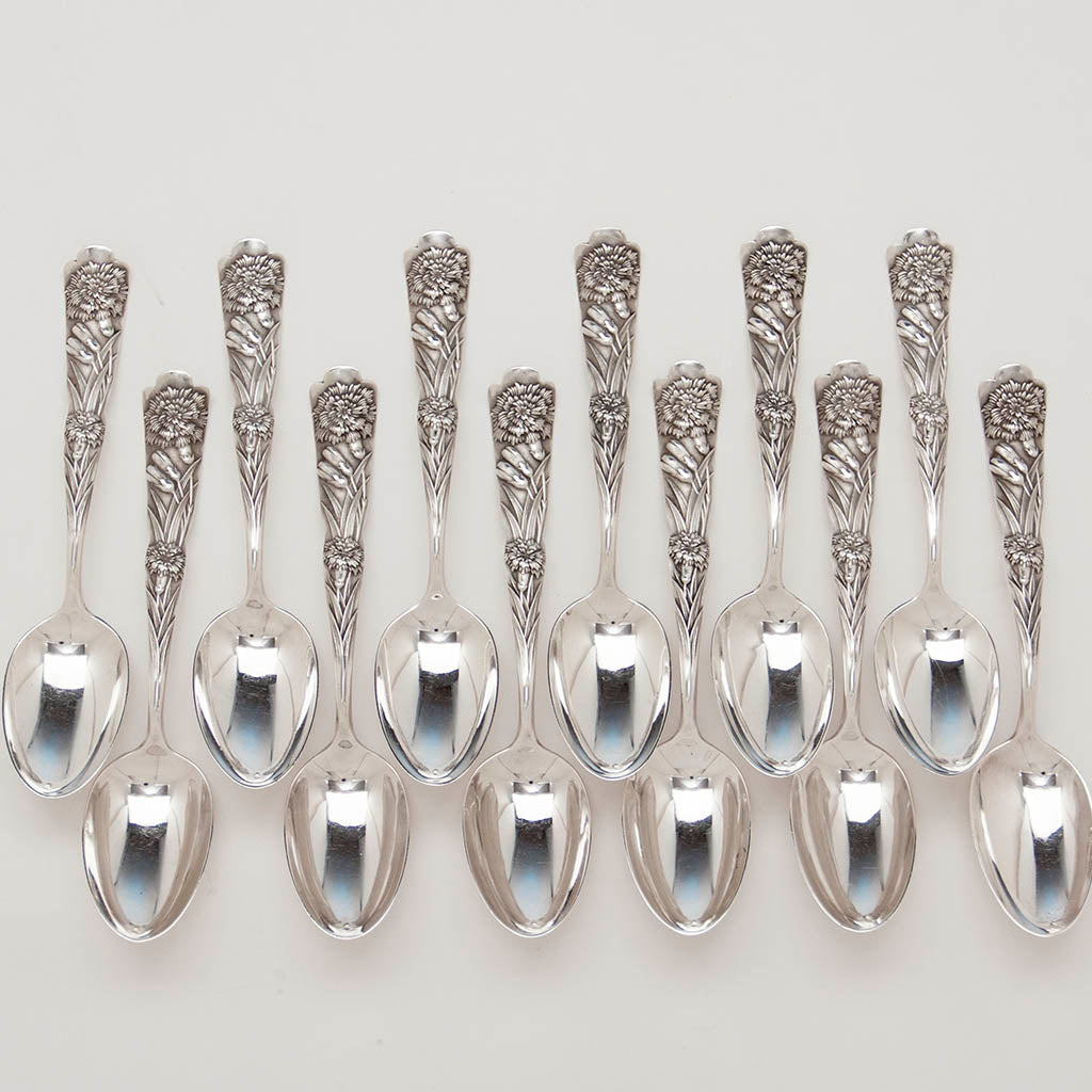 Shiebler 'Flora' Pattern Antique Sterling Silver Dessert Spoons, New York City, c. 1890's, set of 12