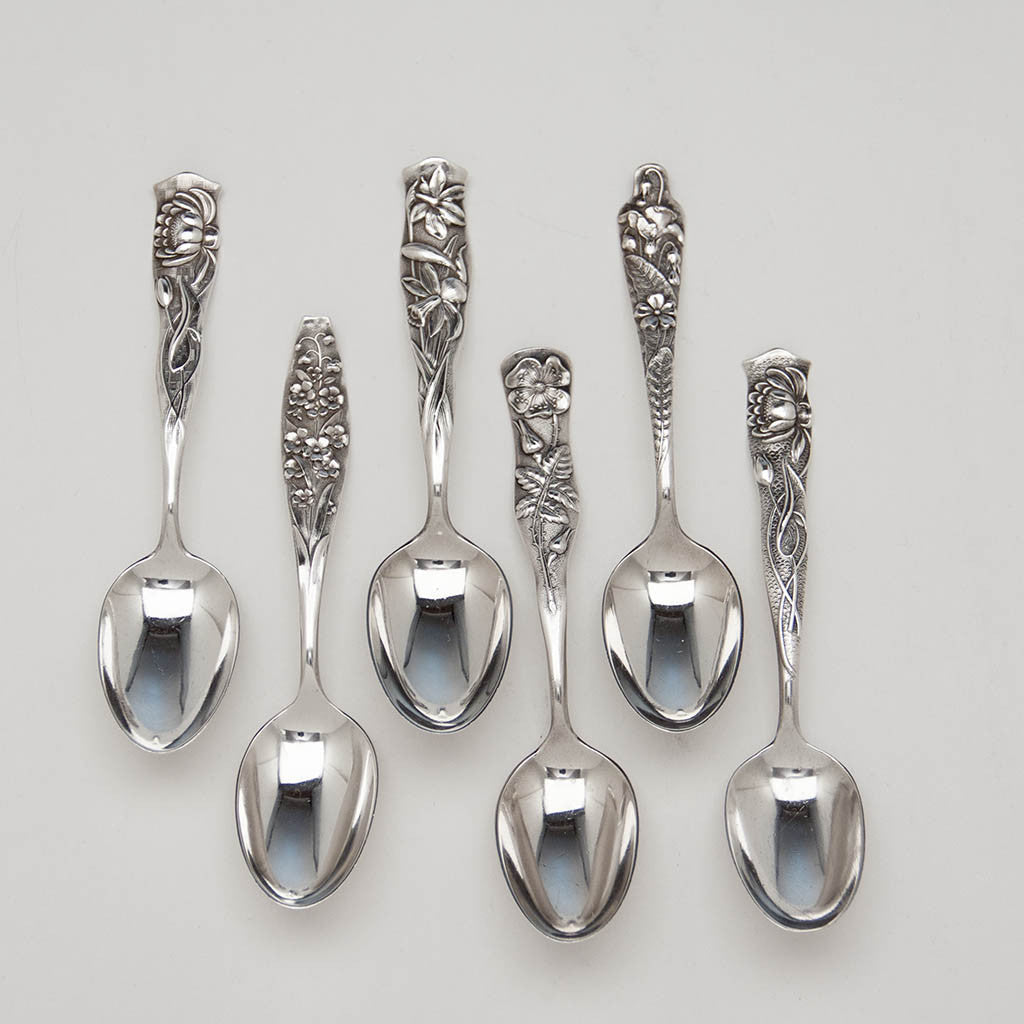 Shiebler 'Flora' Pattern Antique Sterling Silver Tea Spoons, 6, NYC, c. 1890