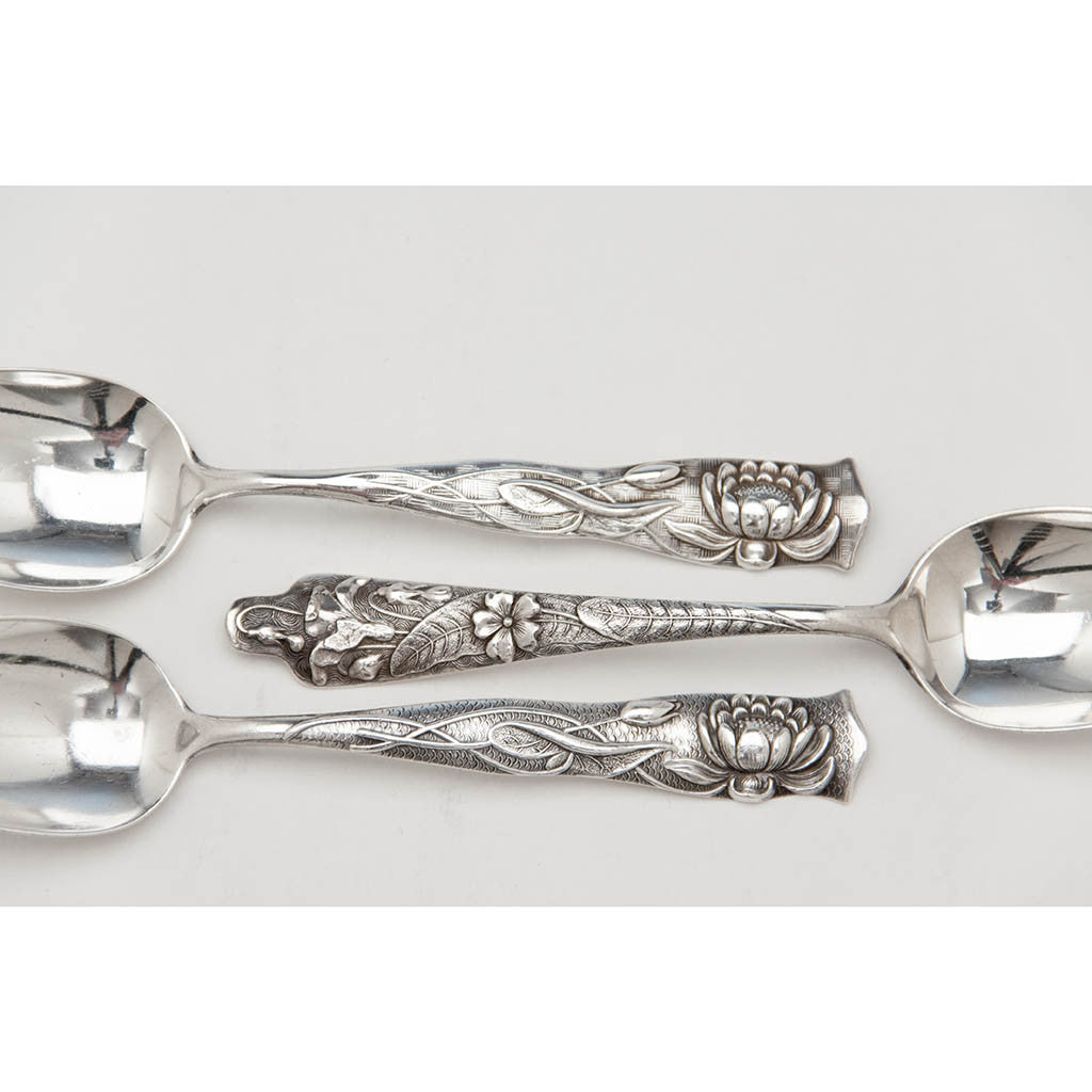Various handles to Shiebler &#39;Flora&#39; Pattern Antique Sterling Silver Tea Spoons, 6, NYC, c. 1890