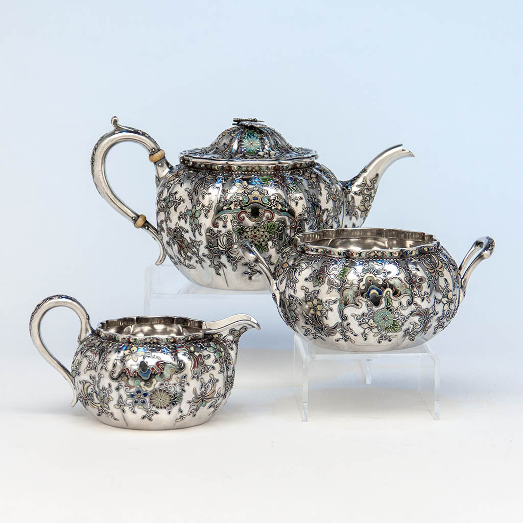 Gorham 'Japanese Work' Antique Sterling Silver and Enamel 'Sample' Tea Set, Providence, RI, 1897-98