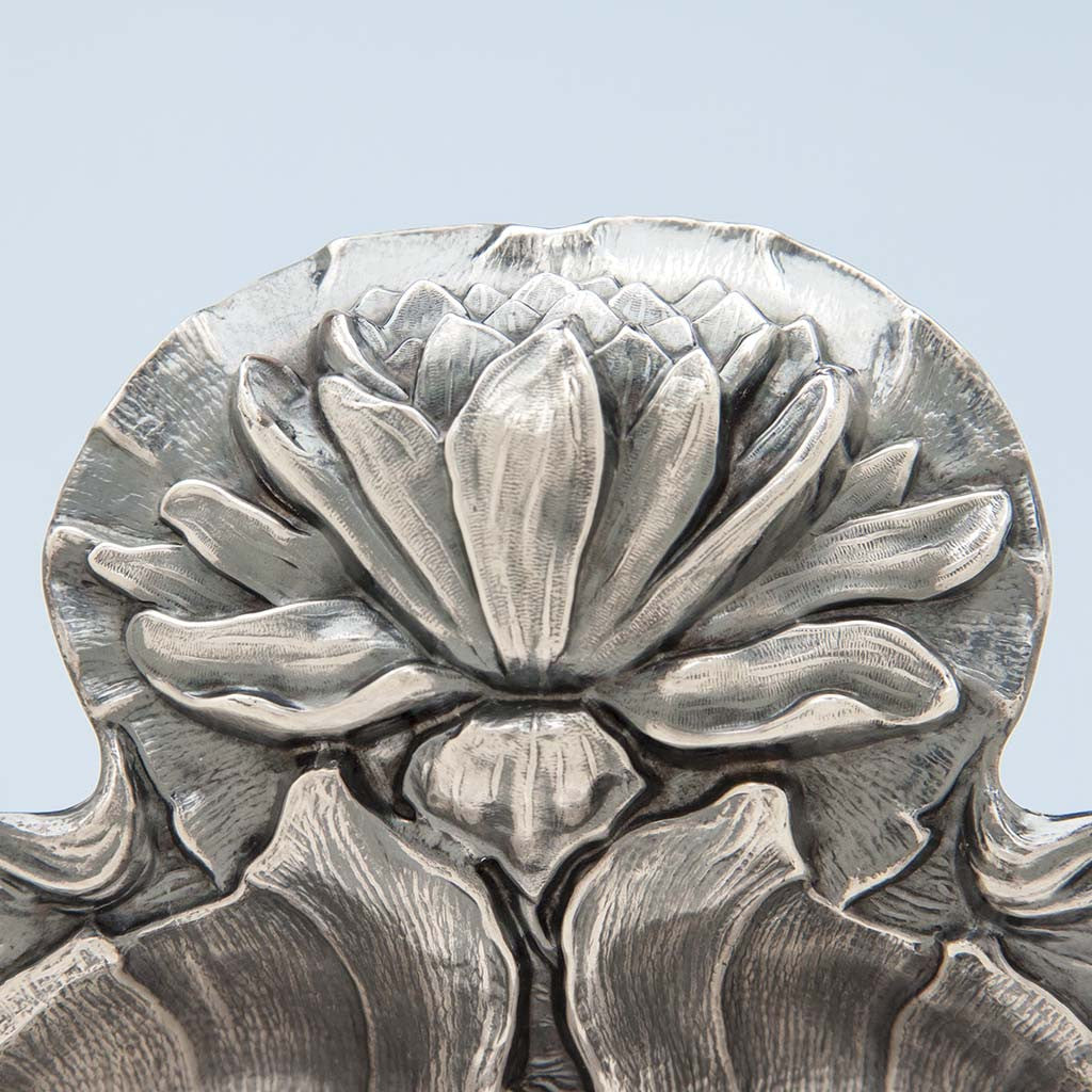 Handle to Alvin Water Lily Design Antique Sterling Silver Dish, Sag Harbor, NY, c. 1900