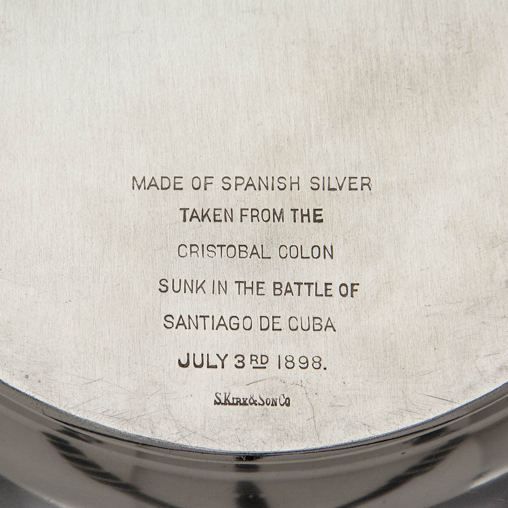Inscription onSamuel Kirk &amp; Son Co. - Admiral Winfield Scott Schley&#39;s Antique Silver Service Plates - set of 9, Baltimore, MD, c. 1898, of Naval Historical and Spanish American War Interest