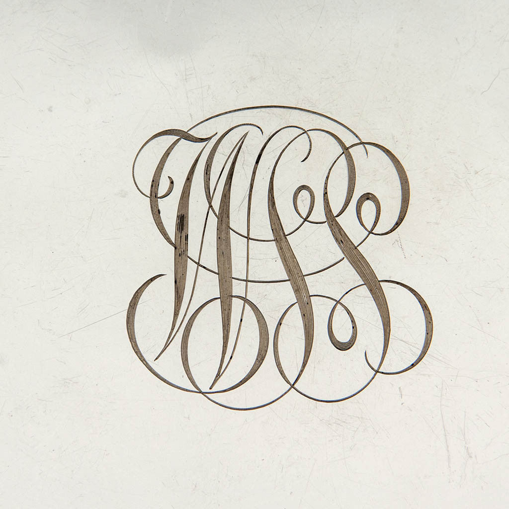 Monogram on Samuel Kirk &amp; Son Co. - Admiral Winfield Scott Schley&#39;s Antique Silver Service Plates - set of 9, Baltimore, MD, c. 1898, of Naval Historical and Spanish American War Interest