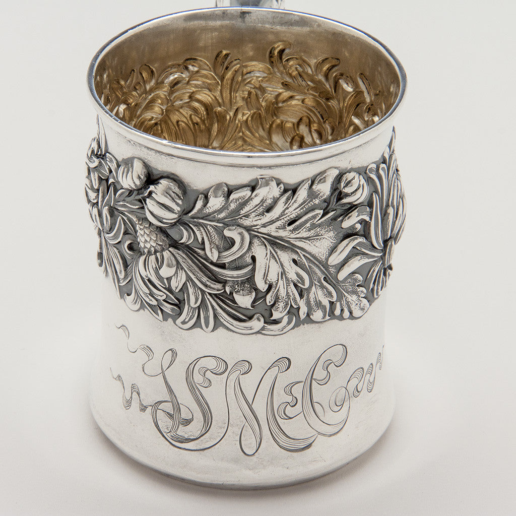 Monogram on Shiebler &quot;Chrysanthemum&quot; Pattern Antique Sterling Silver Child&#39;s Cup, New York City, c. 1880&#39;s