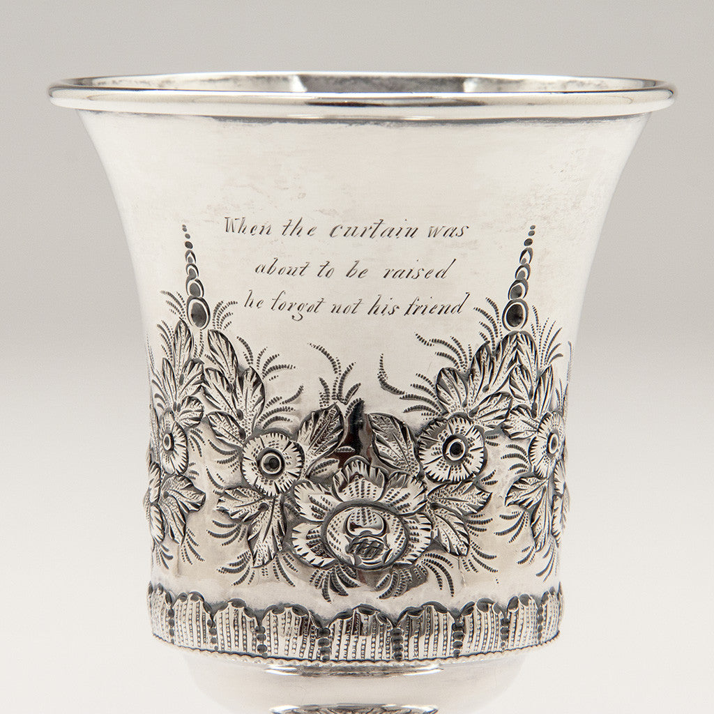 Inscription on Samuel Kirk Pair of 10.15 Silver Antique Goblets, Baltimore, MD, 1828-46