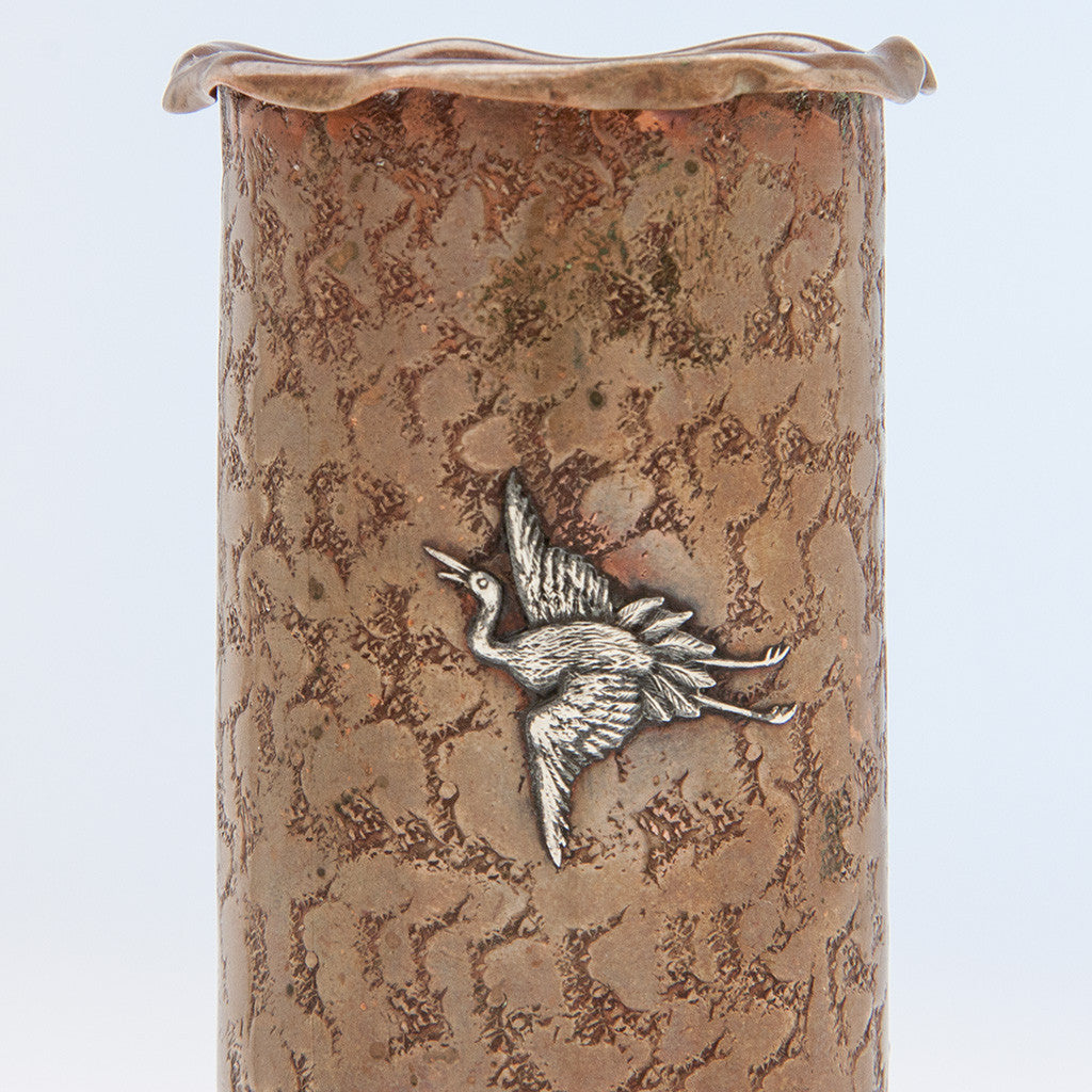 One of two cranes applied on Gorham Antique Mixed-Metal Copper and Applied Silver Bud Vase, Providence, RI, 1884