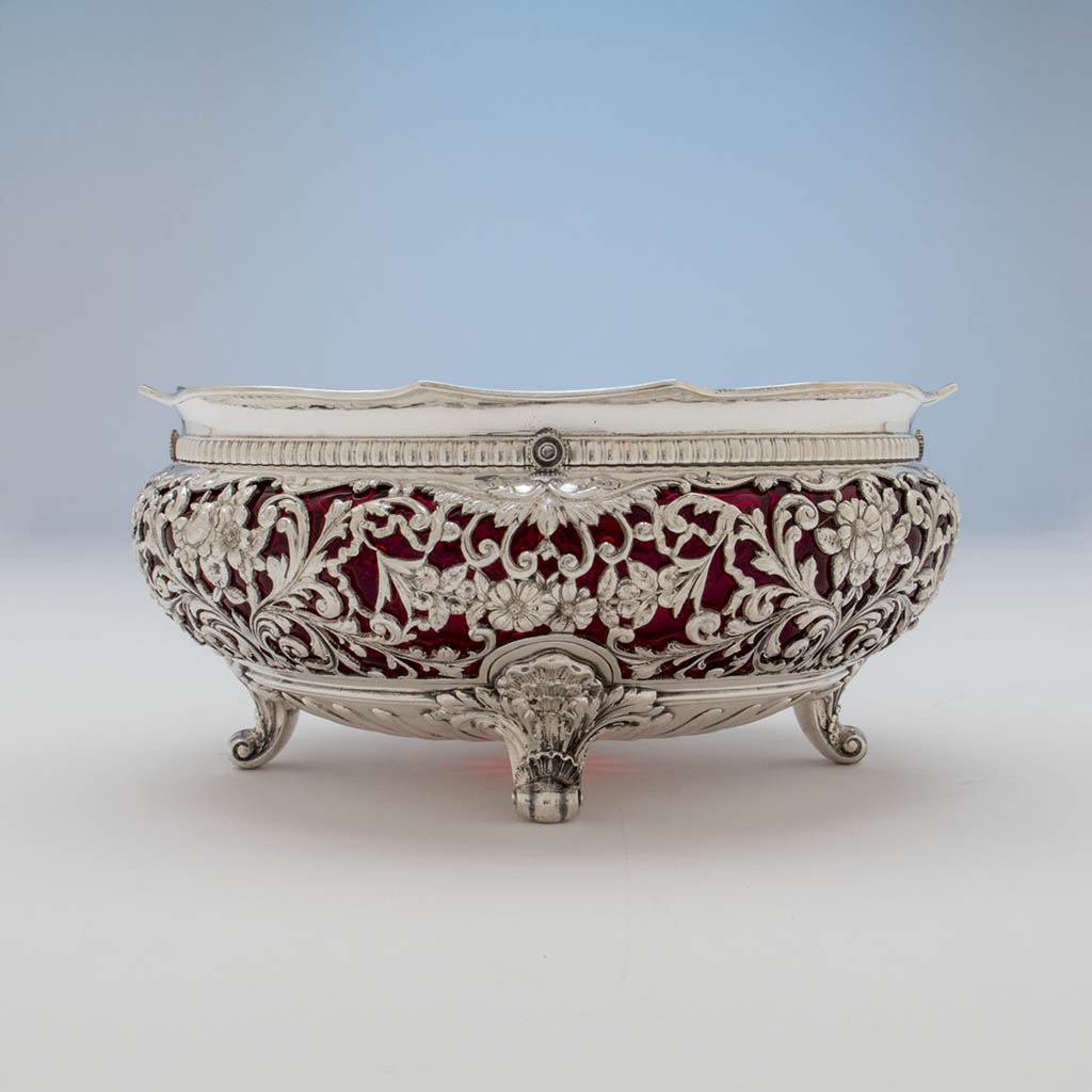 Gorham Rare Antique Sterling Silver and 'Blown-in' Glass Salad Bowl, Providence, RI, 1892/93, designed and executed for the World's Columbian Exhibition, Chicago, 1893