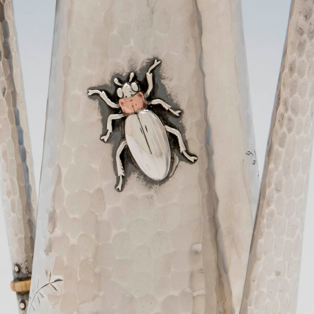 Large beetle on Whiting Sterling and Mixed Metals Teapot on Stand, NYC, c. 1880