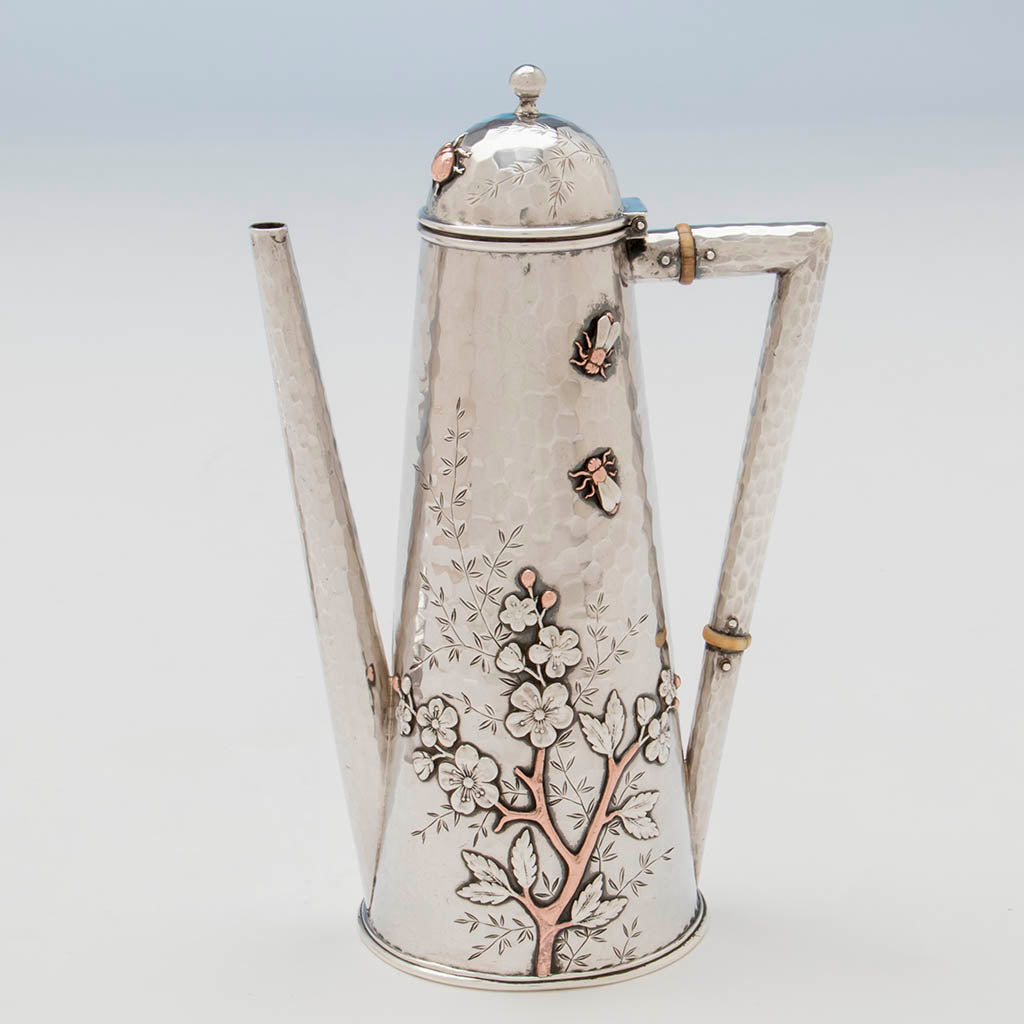 Tree on Whiting Sterling and Mixed Metals Teapot on Stand, NYC, c. 1880