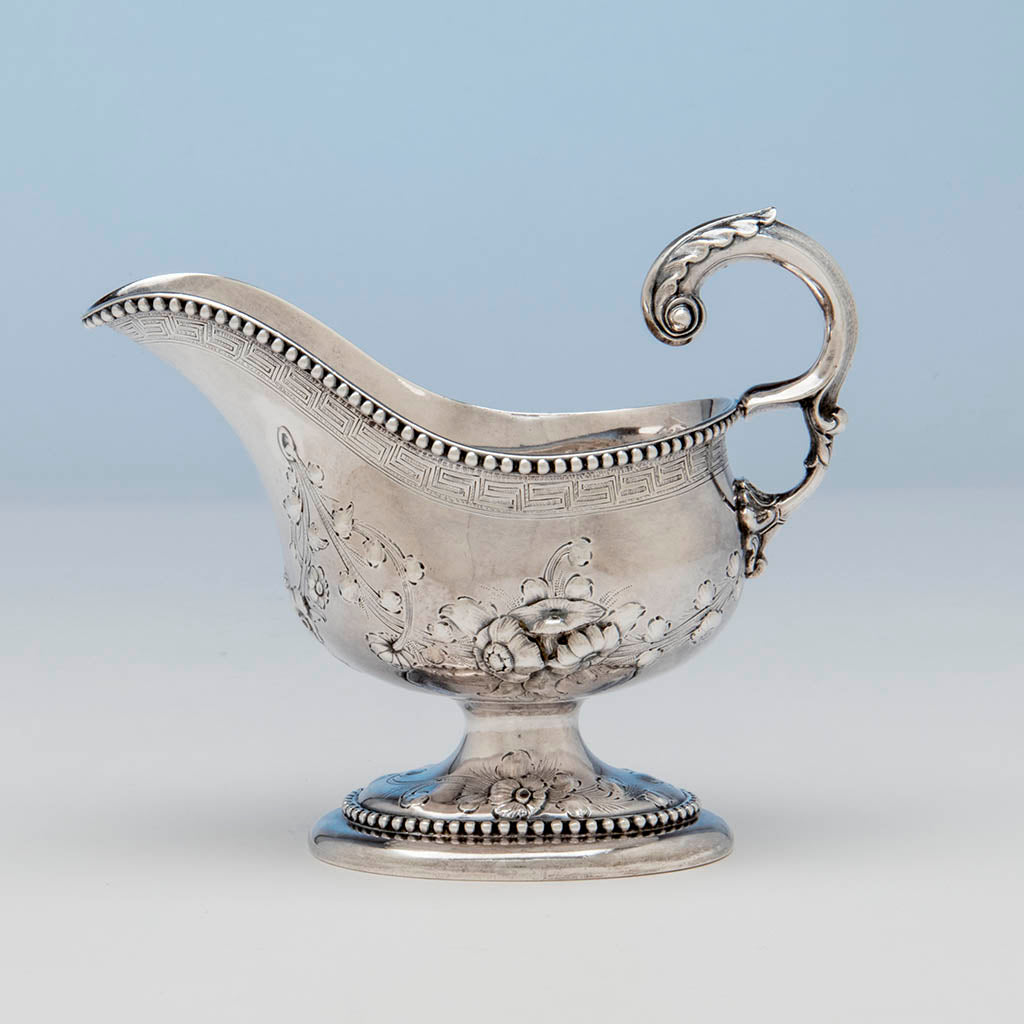 Detail of Jones, Shreve, Brown and Co Antique Coin Silver Gravy Boat, Boston, MA, c. 1857-1860