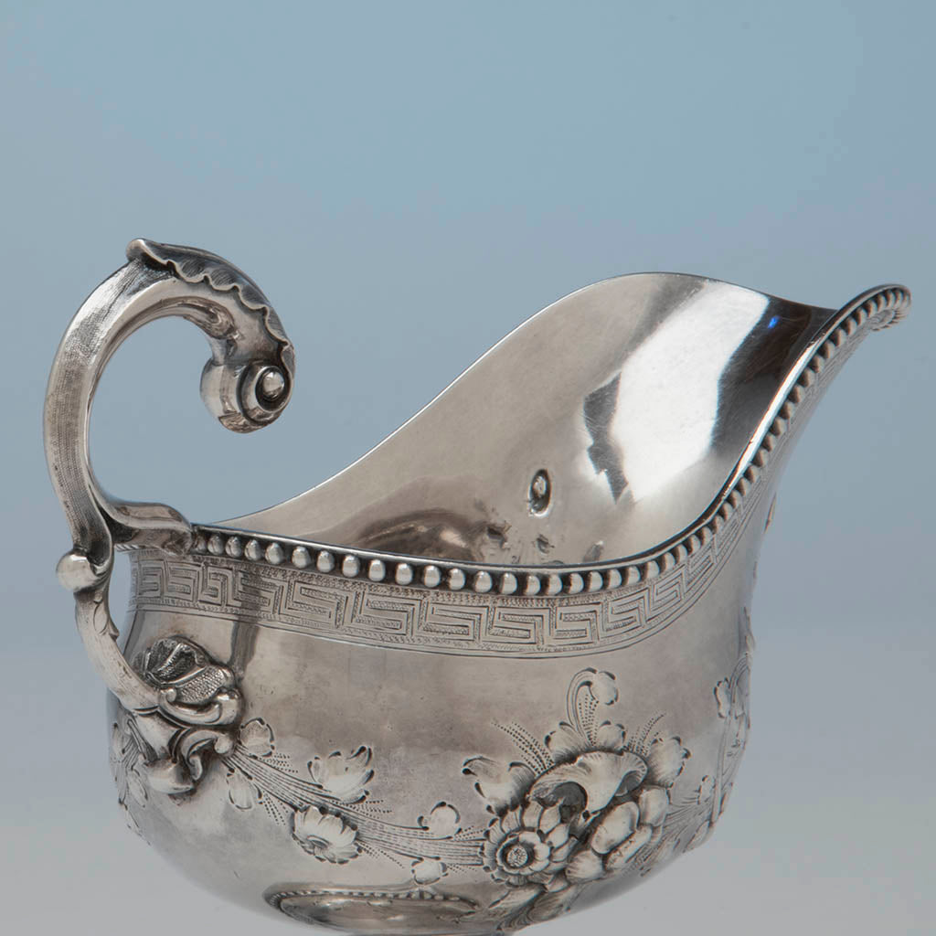 Handle to Jones, Shreve, Brown and Co Antique Coin Silver Gravy Boat, Boston, MA, c. 1857-1860