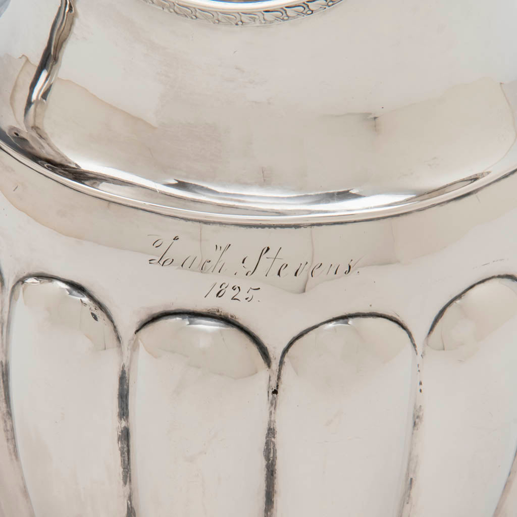 Inscription on Stevens and Lakeman Antique Coin Silver Pitcher, Salem, MA, c. 1825