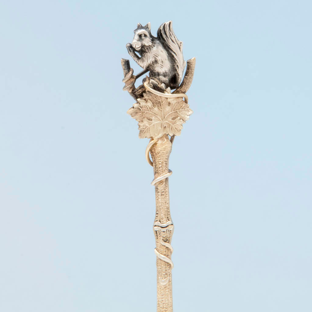 Squirrel Detail of Gorham Antique Sterling Silver Figural Nut Serving Spoon, Providence, RI, c. 1870&#39;s