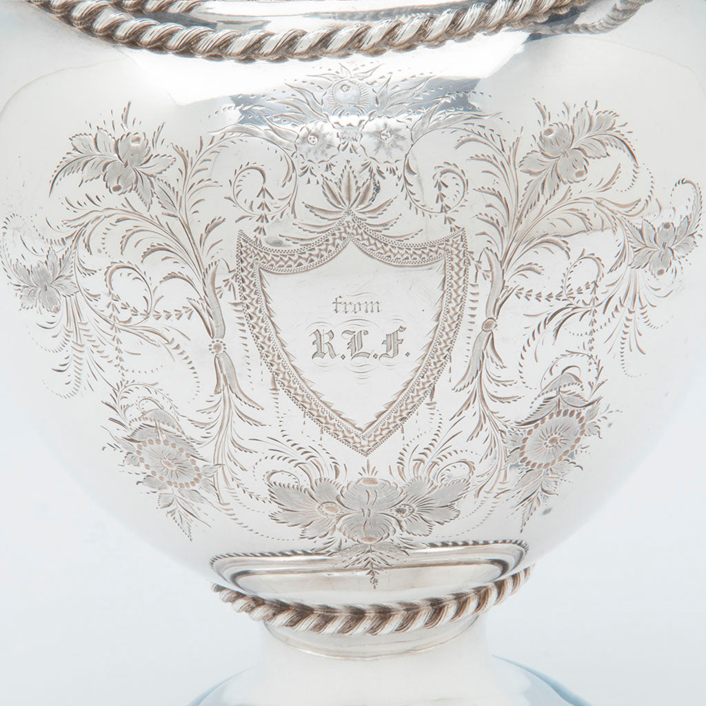 Engraving detail on William Gale and Son Antique Coin Silver Ewer, NYC, NY, 1856
