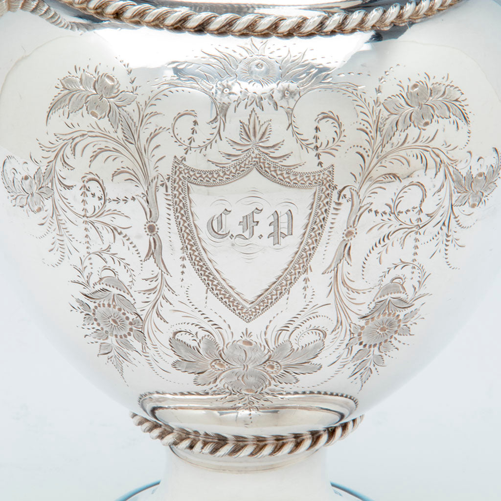 Monogram on William Gale and Son Antique Coin Silver Ewer, NYC, NY, 1856