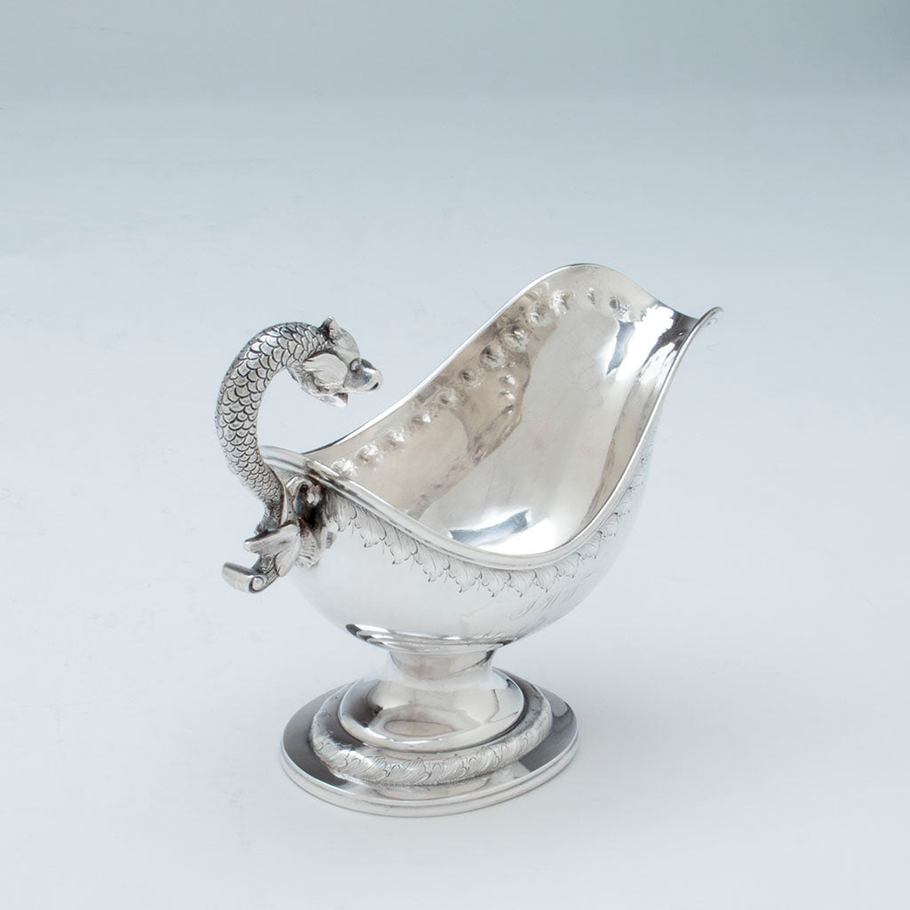 Top view of Obadiah Rich(attr.) Jones, Ball &amp; Poor Coin Silver Figural Gravy Boat, Boston, MA, 1848-51