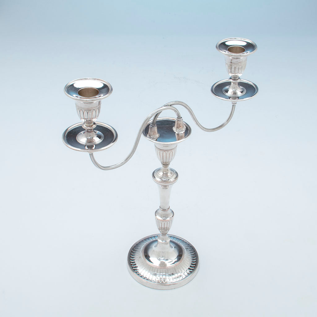 Top of Antique Sheffield Silver Plate Pair of Candelabra, Sheffield, England, c. 1870-1800