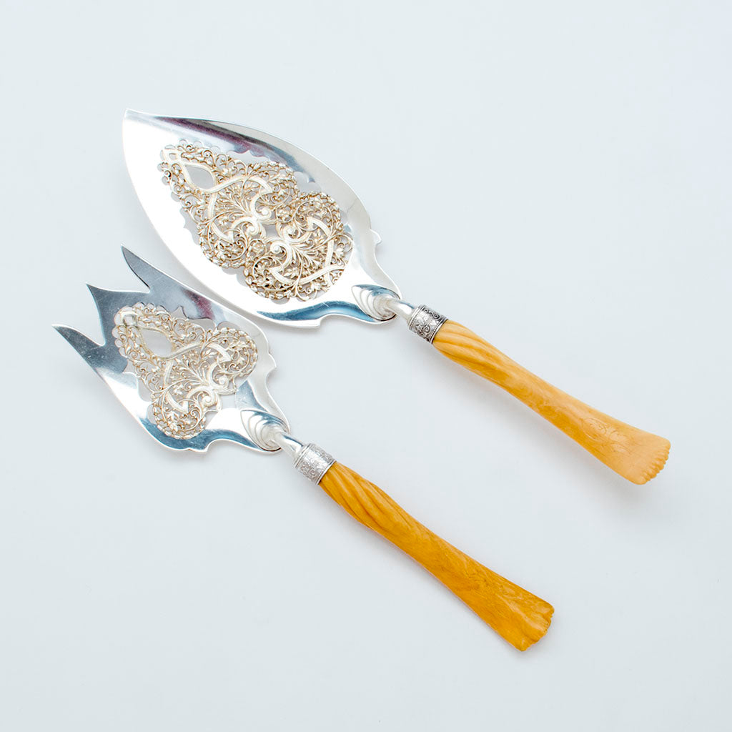 Gorham Antique Sterling and Ivory Fish Servers, Providence, RI, c. 1890