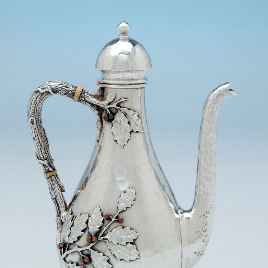 Handle to Whiting Sterling and Mixed Metals After-dinner Coffee Pot on Stand, NYC, c. 1880