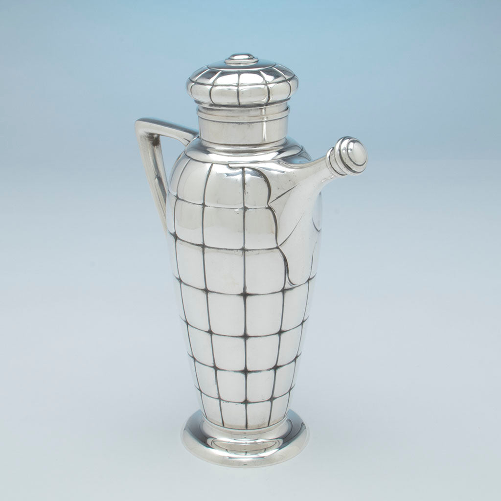 Angle view of Gorham Art Deco Sterling Silver Cocktail Shaker, Providence, RI, 1928