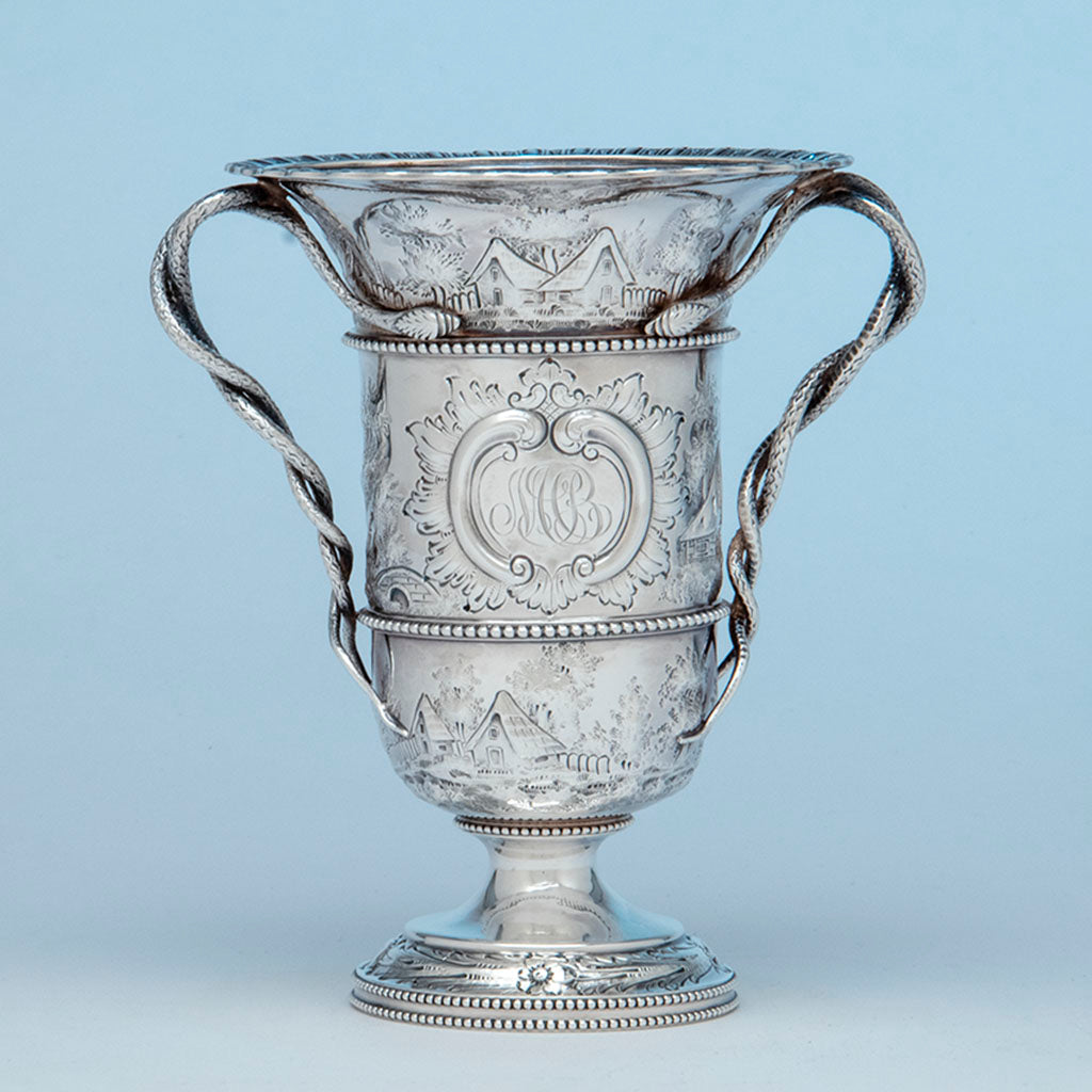 Bailey and Co. Antique Sterling Silver Repousse Landscape Snake-handled Vase, Philadelphia, PA, c. 1850