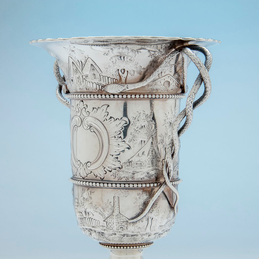 Side view of Bailey and Co. Antique Sterling Silver Repousse Landscape Snake-handled Vase, Philadelphia, PA, c. 1850