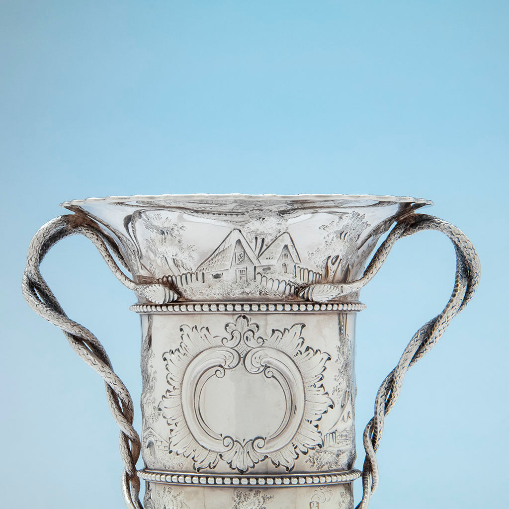 Back of Bailey and Co. Antique Sterling Silver Repousse Landscape Snake-handled Vase, Philadelphia, PA, c. 1850