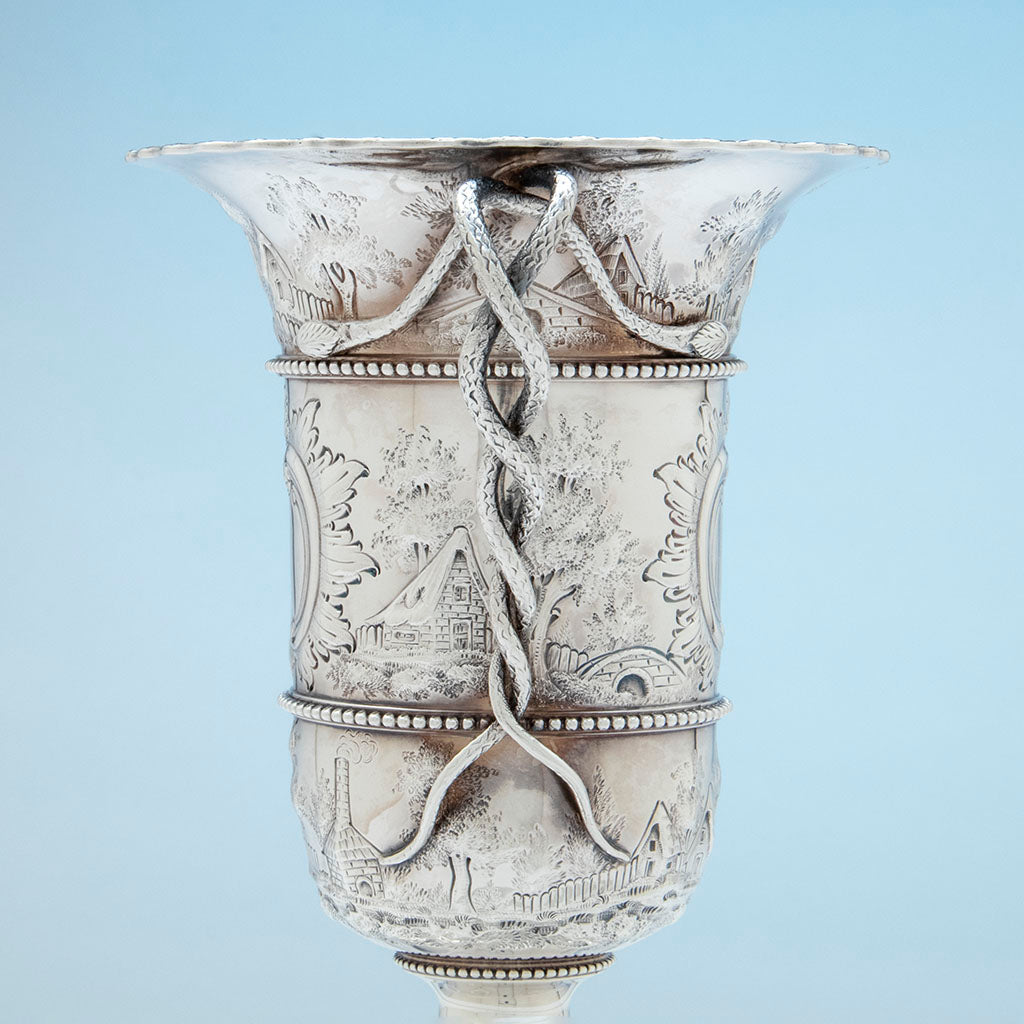 Full handle of Bailey and Co. Antique Sterling Silver Repousse Landscape Snake-handled Vase, Philadelphia, PA, c. 1850