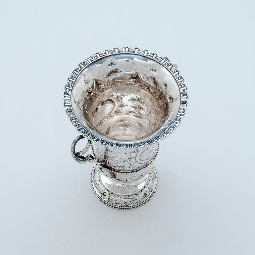 Interior of Bailey and Co. Antique Sterling Silver Repousse Landscape Snake-handled Vase, Philadelphia, PA, c. 1850