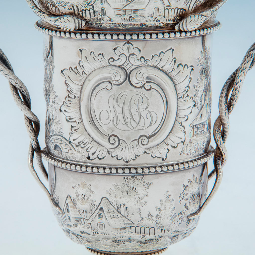 Monogram on Bailey and Co. Antique Sterling Silver Repousse Landscape Snake-handled Vase, Philadelphia, PA, c. 1850