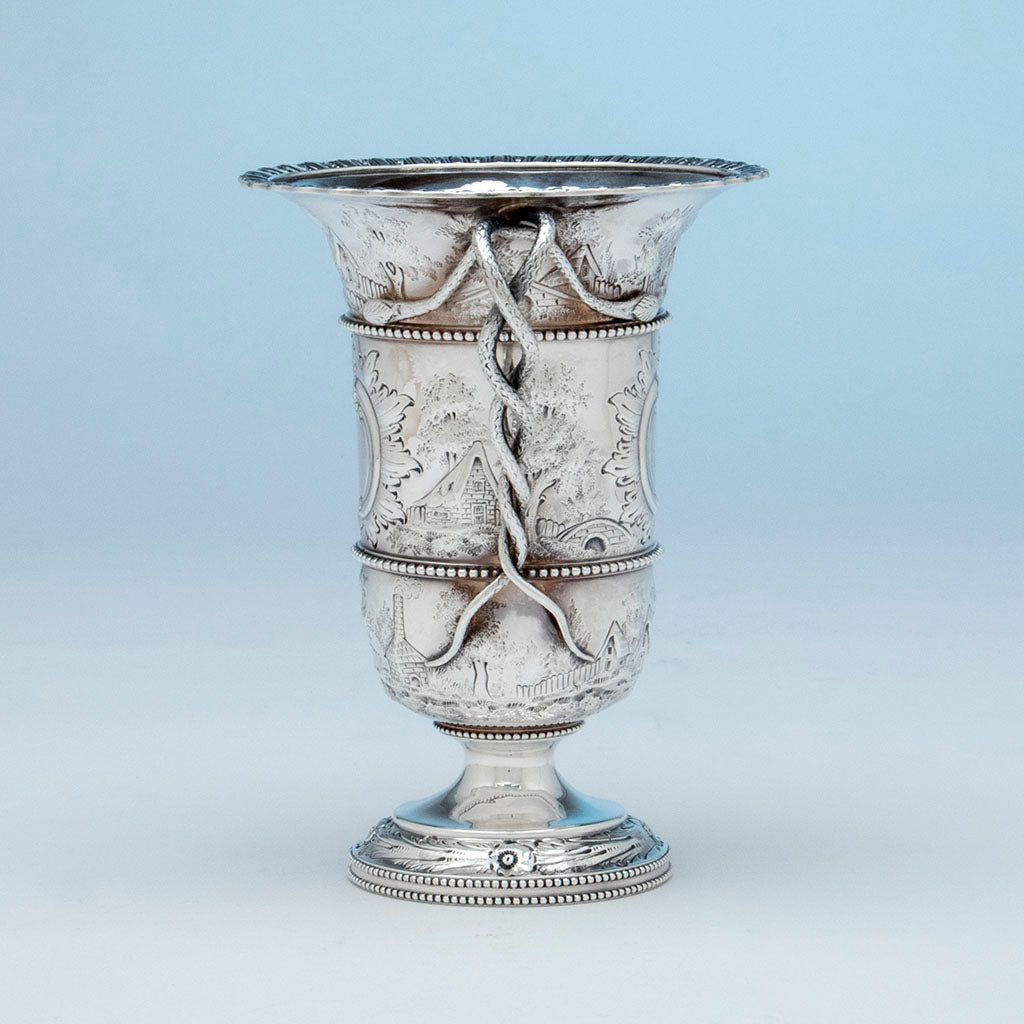Side view of Bailey and Co. Antique Sterling Silver Repousse Landscape Snake-handled Vase, Philadelphia, PA, c. 1850