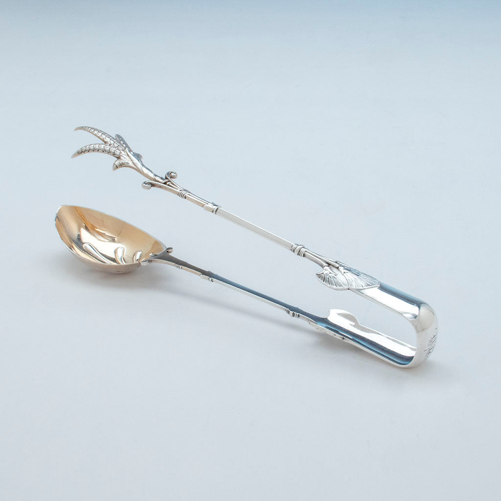 Gorham &#39;Lotus&#39; Pattern Antique Sterling Silver Salad Tongs, Providence, RI, c. 1870
