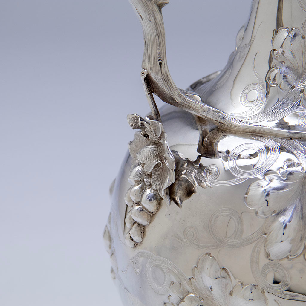 Handle drop on John C. Moore Antique Coin Silver Ewer, NYC, NY, c. 1850