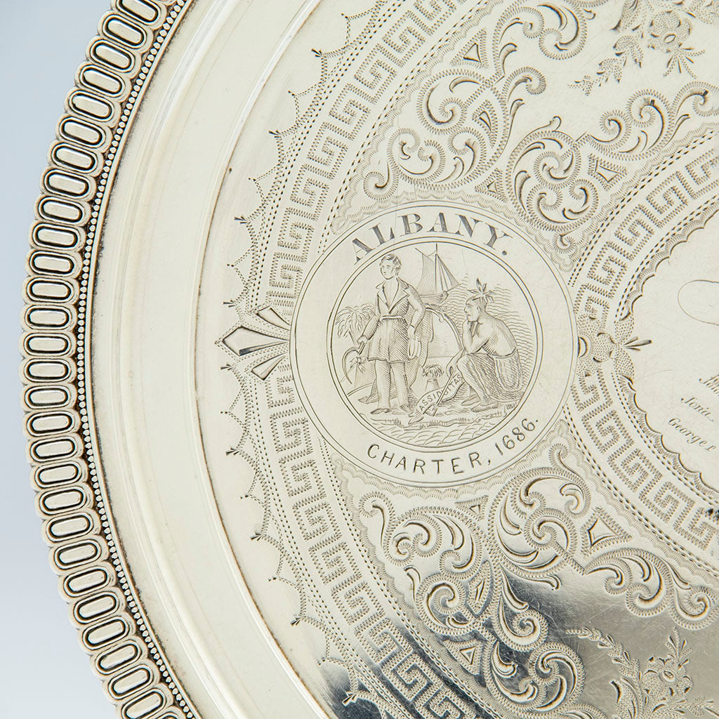 Albany engraving on Bigelow Brothers &amp; Kennard Sterling Railroad Presentation Tray, Boston, MA, 1864