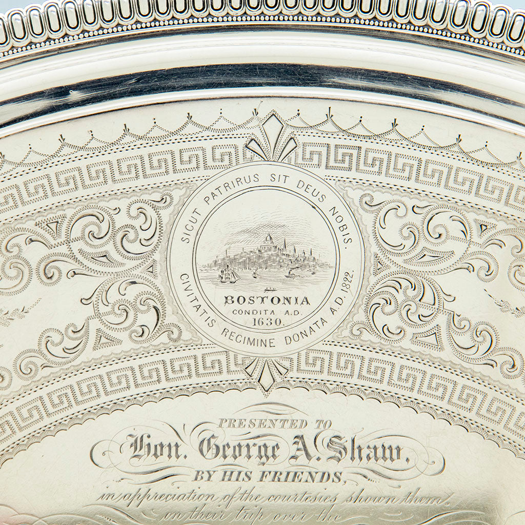 Boston engraving on Bigelow Brothers &amp; Kennard Sterling Railroad Presentation Tray, Boston, MA, 1864