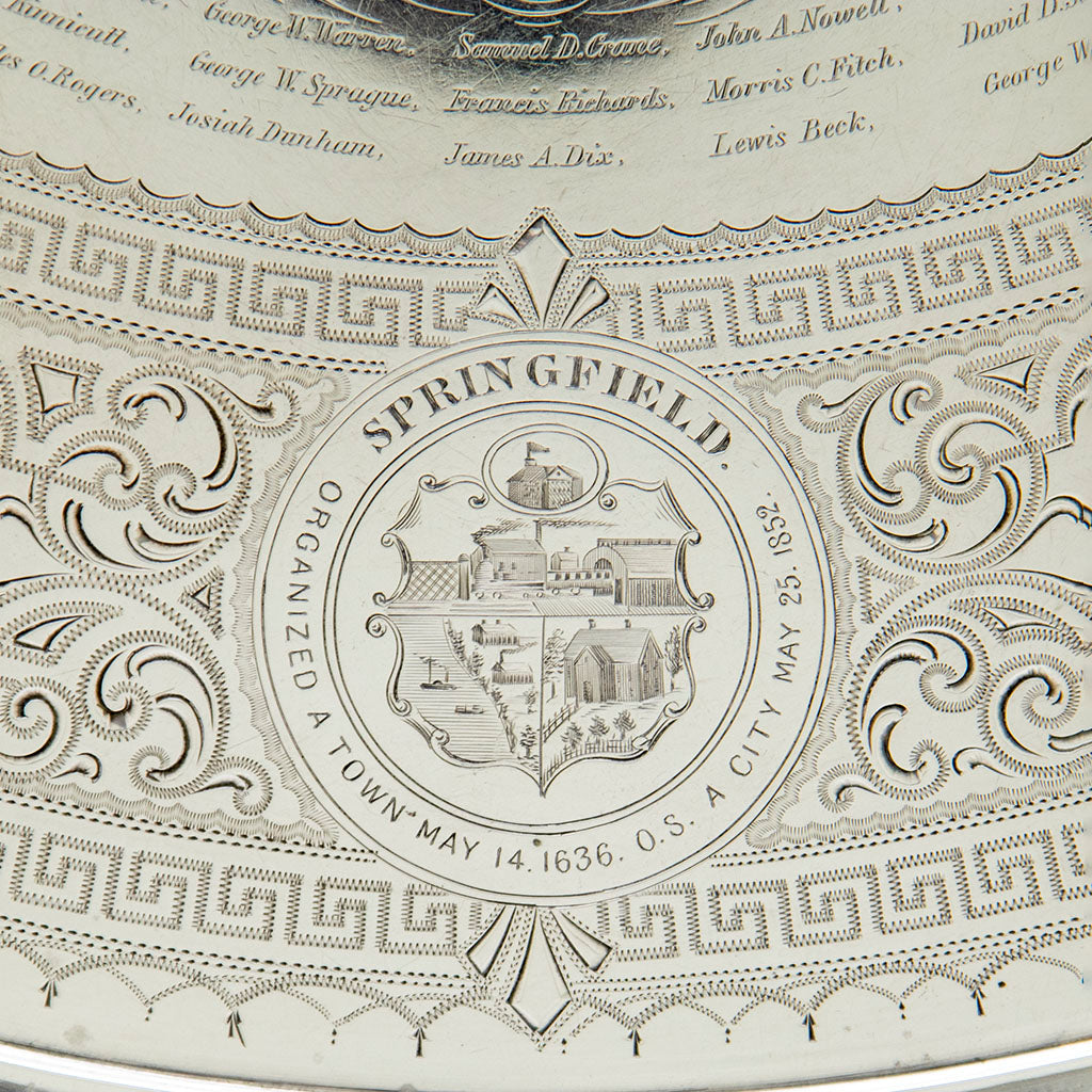 Springfield engraving on Bigelow Brothers &amp; Kennard Sterling Railroad Presentation Tray, Boston, MA, 1864