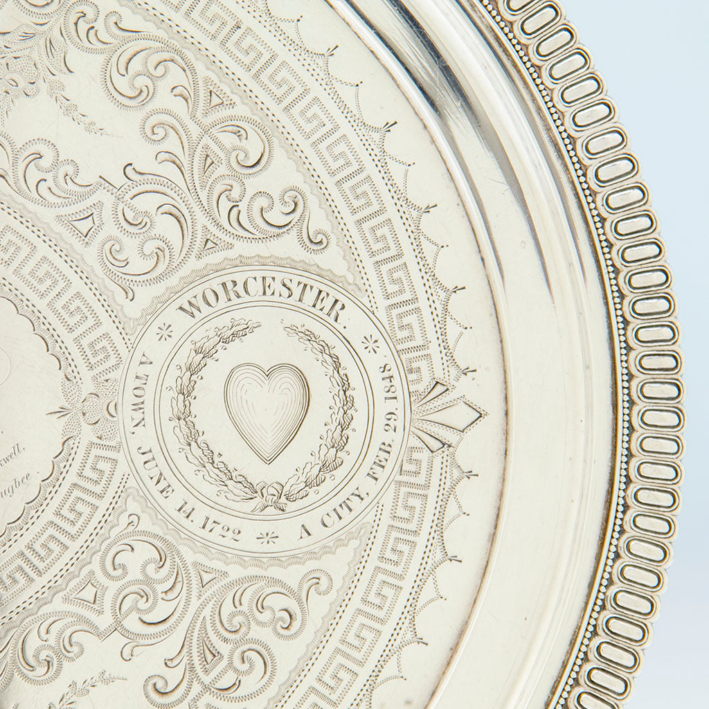 Worcester engraving on Bigelow Brothers &amp; Kennard Sterling Railroad Presentation Tray, Boston, MA, 1864