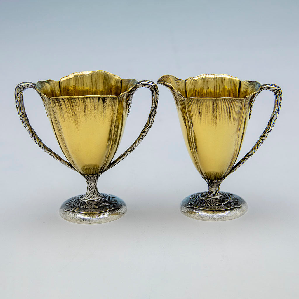 Sugar and creamer to Gorham Antique Sterling Silver &#39;Anoakia&#39; &#39;Poppy&#39; Chocolate Service, Providence, RI, 1915