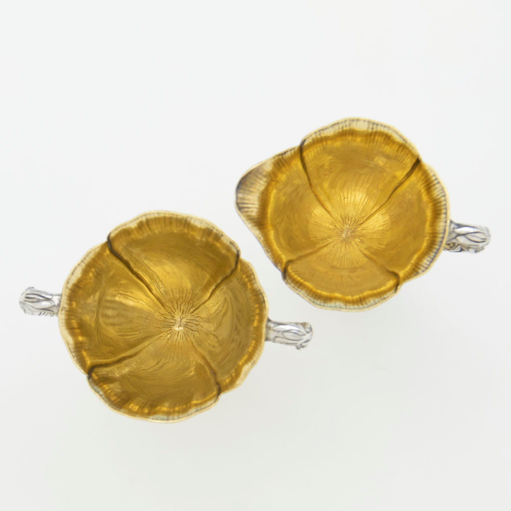 Interiors of cr &amp; sug of Gorham Antique Sterling Silver &#39;Anoakia&#39; &#39;Poppy&#39; Chocolate Service, Providence, RI, 1915