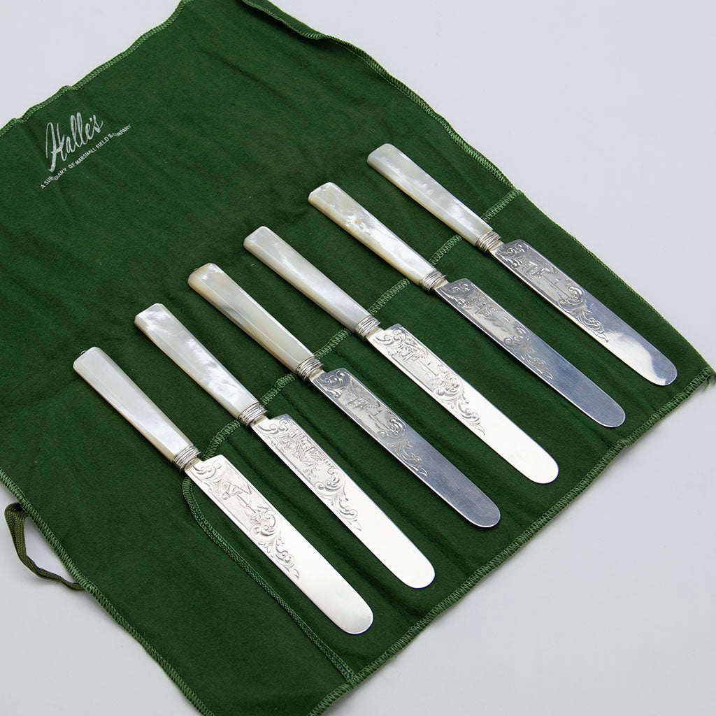 Tifft & Whiting Six Coin Silver/ Mother-of-Pearl Luncheon Knives, North Attleboro, MA, c. 1860