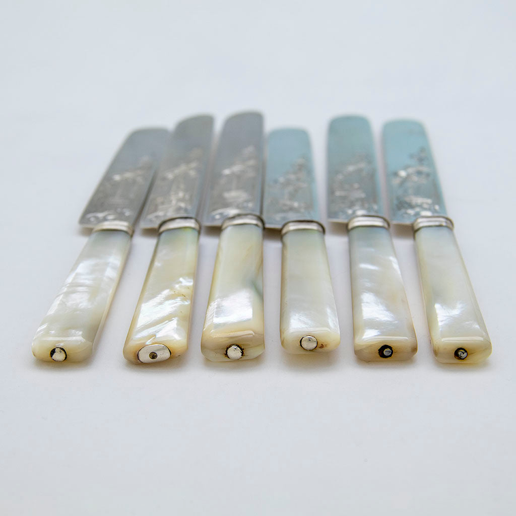 Ends of Tifft &amp; Whiting Six Coin Silver/ Mother-of-Pearl Luncheon Knives, North Attleboro, MA, c. 1860